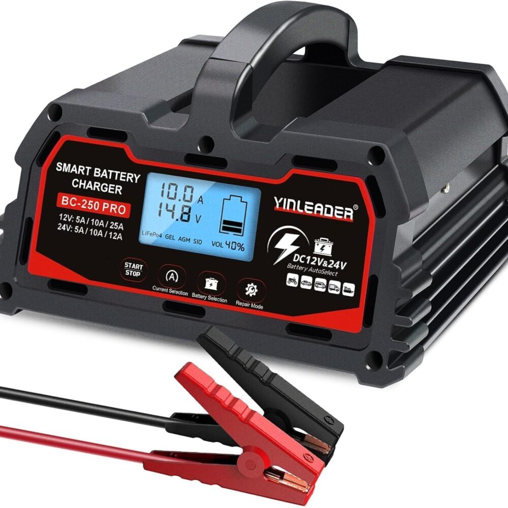 25A Car Battery Charger 12V/24V Lead Acid & LiFePO4 Auto Maintainer | Upgraded 25A charger, real-time V/A display, fast charge, charges 12/24V lead acid & LiFePO4; repairs 12/24V lead acid