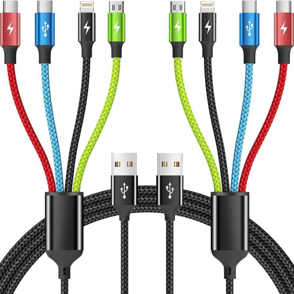 4 in 1 Multi Charging Cable, 2 Pack 5FT Charging Cords for Multiple Devices | USB Cable Phone Charger with USB C, IP and Micro, Nylon Braided, Cruise Essentials 2026, Travel Car Accessories